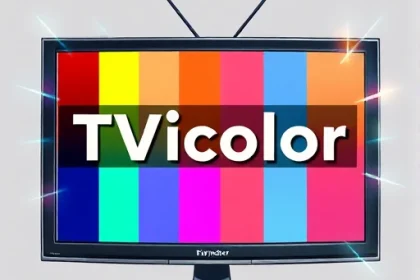 A vibrant, detailed illustration of a television screen displaying a colorful spectrum of hues, with the text 'TVicolor' prominently featured in bold, modern typography across the center, surrounded by abstract shapes and light effects representing color mixing and digital artistry, clean background, high contrast, educational infographic style