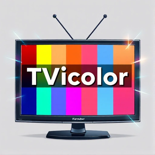 A vibrant, detailed illustration of a television screen displaying a colorful spectrum of hues, with the text 'TVicolor' prominently featured in bold, modern typography across the center, surrounded by abstract shapes and light effects representing color mixing and digital artistry, clean background, high contrast, educational infographic style