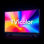 A vibrant, high-resolution illustration of a modern television set displaying a colorful, abstract pattern with the text 'TVicolor' elegantly integrated into the screen design, showcasing vivid hues and dynamic visual effects, suitable for a tech advertisement, smallHQ