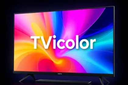 A vibrant, high-resolution illustration of a modern television set displaying a colorful, abstract pattern with the text 'TVicolor' elegantly integrated into the screen design, showcasing vivid hues and dynamic visual effects, suitable for a tech advertisement, smallHQ