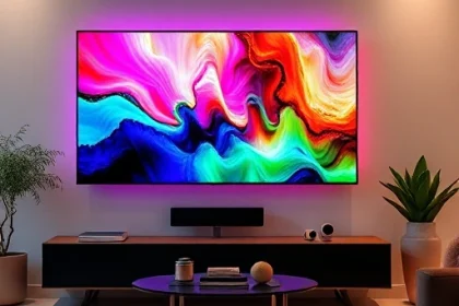 A vibrant, colorful television screen displaying the trend 'tvicolor' with bright, saturated hues and dynamic patterns, modern minimalist living room setting, high detail, smallHQ style