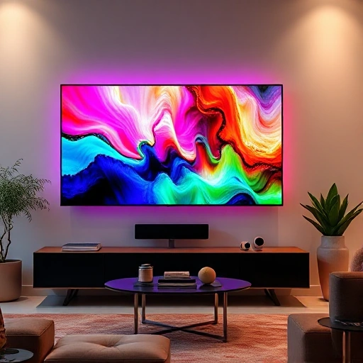 A vibrant, colorful television screen displaying the trend 'tvicolor' with bright, saturated hues and dynamic patterns, modern minimalist living room setting, high detail, smallHQ style