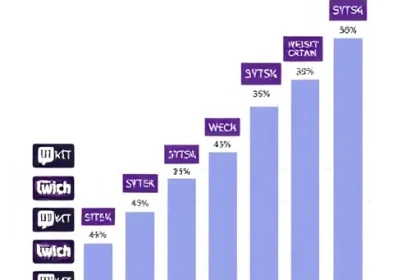 A bar chart comparing the popularity of various popular Twitch channels, with channel logos and viewer count numbers displayed clearly, modern infographic style, clean white background, data visualization elements like percentage indicators and ranking bars, no text overlays or speech bubbles