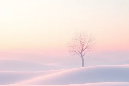 A serene digital landscape with soft glowing horizons, gentle pastel skies, and a minimalist abstract tree silhouette made of light particles, evoking calm and digital harmony, suitable for a high-resolution screen wallpaper
