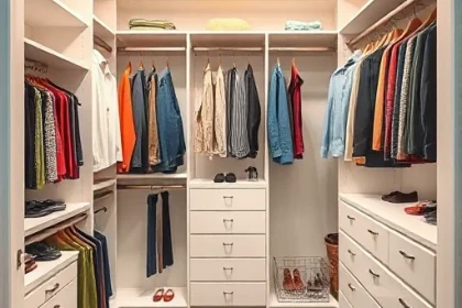 A well-organized walk-in closet with built-in storage systems, featuring hanging rods, shelves, drawers, and accessories like belts and ties, in a clean, modern design with neutral colors and ample lighting, showing the renovation process with tools and materials neatly arranged, smallHQ