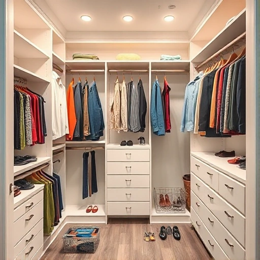A well-organized walk-in closet with built-in storage systems, featuring hanging rods, shelves, drawers, and accessories like belts and ties, in a clean, modern design with neutral colors and ample lighting, showing the renovation process with tools and materials neatly arranged, smallHQ