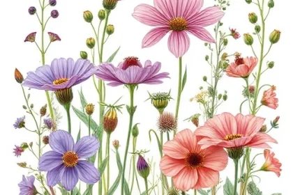 A detailed botanical illustration of various types of twilight flowers (tweichvata) in a natural setting, showing different species with their petals, leaves, and stems clearly visible, soft lighting suggesting dusk or dawn, scientific accuracy with artistic beauty, smallHQ style