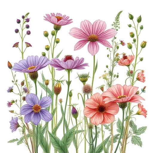 A detailed botanical illustration of various types of twilight flowers (tweichvata) in a natural setting, showing different species with their petals, leaves, and stems clearly visible, soft lighting suggesting dusk or dawn, scientific accuracy with artistic beauty, smallHQ style