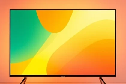A vibrant, harmonious color palette displayed as soft, overlapping gradients in a minimalist TV screen frame, featuring warm amber, deep teal, golden yellow, and muted rose tones blending smoothly like light on glass, evoking the perfect television viewing experience — no text, no logos, no UI elements, just pure color and light