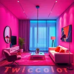 A vibrant and modern graphic design showcasing the trend 'Twiсolor' in interior design, featuring bold color combinations, sleek furniture, and dynamic lighting, with the text 'Twiсolor: новый тренд в дизайне' elegantly integrated into the scene, smallHQ style