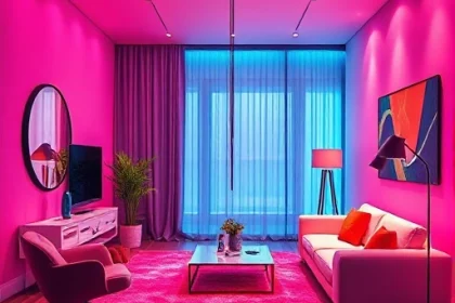 A vibrant and modern graphic design showcasing the trend 'Twiсolor' in interior design, featuring bold color combinations, sleek furniture, and dynamic lighting, with the text 'Twiсolor: новый тренд в дизайне' elegantly integrated into the scene, smallHQ style