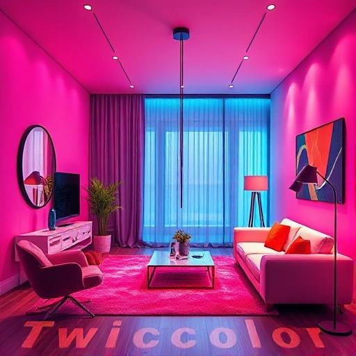 A vibrant and modern graphic design showcasing the trend 'Twiсolor' in interior design, featuring bold color combinations, sleek furniture, and dynamic lighting, with the text 'Twiсolor: новый тренд в дизайне' elegantly integrated into the scene, smallHQ style