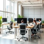 A modern office interior designed with ergonomic principles: adjustable standing desks, ergonomic chairs with lumbar support, monitor arms at eye level, natural lighting from large windows, plants for biophilic design, quiet zones with acoustic panels, and employees working comfortably in neutral-toned, clutter-free spaces