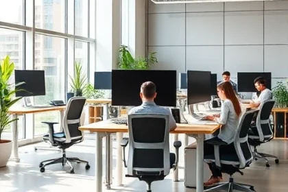 A modern office interior designed with ergonomic principles: adjustable standing desks, ergonomic chairs with lumbar support, monitor arms at eye level, natural lighting from large windows, plants for biophilic design, quiet zones with acoustic panels, and employees working comfortably in neutral-toned, clutter-free spaces