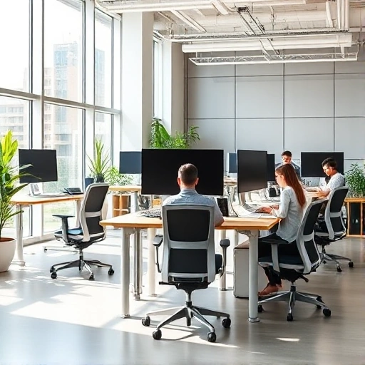 A modern office interior designed with ergonomic principles: adjustable standing desks, ergonomic chairs with lumbar support, monitor arms at eye level, natural lighting from large windows, plants for biophilic design, quiet zones with acoustic panels, and employees working comfortably in neutral-toned, clutter-free spaces