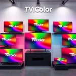 A vibrant and modern collection of televisions showcasing the TVIColor brand, featuring sleek designs in various sizes and colors, displayed in a stylish showroom setting with bright lighting and clean backgrounds, emphasizing high-quality visuals and innovative technology