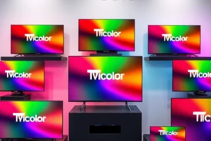 A vibrant and modern collection of televisions showcasing the TVIColor brand, featuring sleek designs in various sizes and colors, displayed in a stylish showroom setting with bright lighting and clean backgrounds, emphasizing high-quality visuals and innovative technology