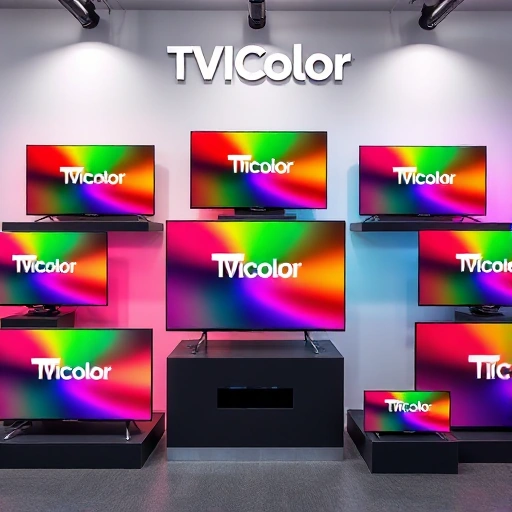 A vibrant and modern collection of televisions showcasing the TVIColor brand, featuring sleek designs in various sizes and colors, displayed in a stylish showroom setting with bright lighting and clean backgrounds, emphasizing high-quality visuals and innovative technology