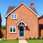 A complete brick house with a neat, well-maintained exterior, featuring classic red brickwork, a pitched roof with dark tiles, white-framed windows, a welcoming front door, and a small garden with trimmed grass and a few flowering plants, all under a clear blue sky, rendered in smallHQ style