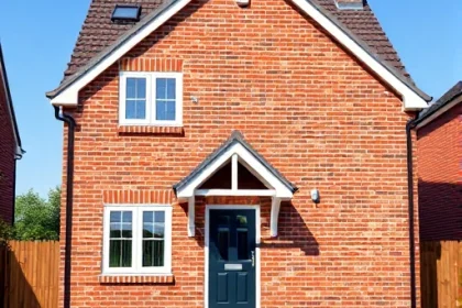 A complete brick house with a neat, well-maintained exterior, featuring classic red brickwork, a pitched roof with dark tiles, white-framed windows, a welcoming front door, and a small garden with trimmed grass and a few flowering plants, all under a clear blue sky, rendered in smallHQ style