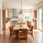 A modern dining room renovation with newly installed kitchen furniture, including sleek cabinets, a wooden dining table with chairs, pendant lighting, and a clean, organized layout showing functional workflow between cooking and dining areas, bright natural light from large windows, neutral color palette with warm wood accents, realistic interior design rendering