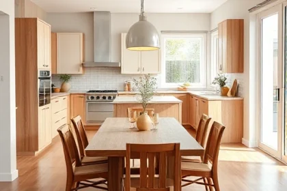 A modern dining room renovation with newly installed kitchen furniture, including sleek cabinets, a wooden dining table with chairs, pendant lighting, and a clean, organized layout showing functional workflow between cooking and dining areas, bright natural light from large windows, neutral color palette with warm wood accents, realistic interior design rendering