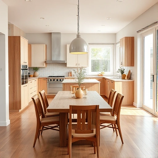 A modern dining room renovation with newly installed kitchen furniture, including sleek cabinets, a wooden dining table with chairs, pendant lighting, and a clean, organized layout showing functional workflow between cooking and dining areas, bright natural light from large windows, neutral color palette with warm wood accents, realistic interior design rendering