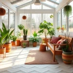 A cozy winter garden interior with insulated flooring, featuring potted plants, soft natural light from large windows, wooden furniture, and a warm rug on the insulated floor, emphasizing comfort and thermal efficiency in a serene, green space