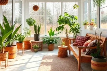A cozy winter garden interior with insulated flooring, featuring potted plants, soft natural light from large windows, wooden furniture, and a warm rug on the insulated floor, emphasizing comfort and thermal efficiency in a serene, green space
