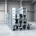 A detailed illustration of metal profiles used for mounting partitions, showing a set of interlocking metal studs, brackets, and connectors in a clean, industrial setting, with a focus on the texture and geometry of the metal, no people or text