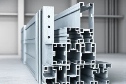 A detailed illustration of metal profiles used for mounting partitions, showing a set of interlocking metal studs, brackets, and connectors in a clean, industrial setting, with a focus on the texture and geometry of the metal, no people or text