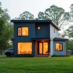 A modern, cozy house built from SIP panels, fully finished turnkey, with a sleek contemporary design, large windows, a flat or gently sloped roof, surrounded by a well-maintained green lawn and a few trees, soft natural daylight, warm interior lighting visible through the windows, no people, no vehicles, no text or signs
