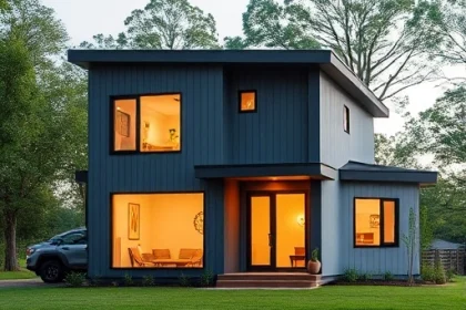 A modern, cozy house built from SIP panels, fully finished turnkey, with a sleek contemporary design, large windows, a flat or gently sloped roof, surrounded by a well-maintained green lawn and a few trees, soft natural daylight, warm interior lighting visible through the windows, no people, no vehicles, no text or signs