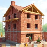 A detailed illustration of a brick house under construction, showing skilled workers laying red bricks with mortar, scaffolding around the structure, a partially built roof with wooden beams, and a foundation visible at the base. The scene is set on a clear day with soft sunlight, emphasizing the texture and durability of the brickwork. Tools like trowels, levels, and wheelbarrows are scattered naturally. The atmosphere conveys reliability, craftsmanship, and high-quality construction.
