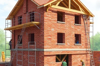 A detailed illustration of a brick house under construction, showing skilled workers laying red bricks with mortar, scaffolding around the structure, a partially built roof with wooden beams, and a foundation visible at the base. The scene is set on a clear day with soft sunlight, emphasizing the texture and durability of the brickwork. Tools like trowels, levels, and wheelbarrows are scattered naturally. The atmosphere conveys reliability, craftsmanship, and high-quality construction.