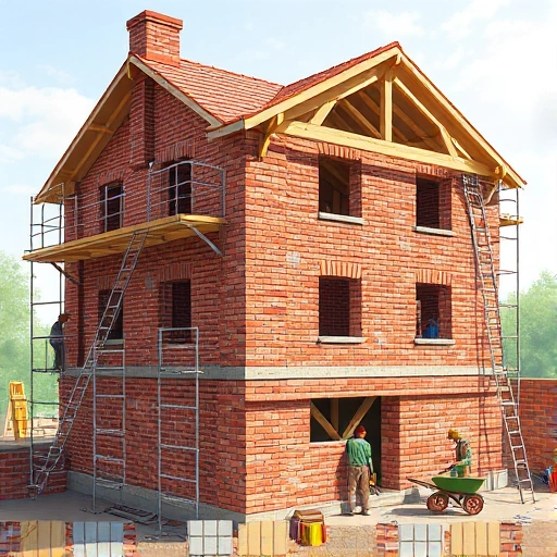 A detailed illustration of a brick house under construction, showing skilled workers laying red bricks with mortar, scaffolding around the structure, a partially built roof with wooden beams, and a foundation visible at the base. The scene is set on a clear day with soft sunlight, emphasizing the texture and durability of the brickwork. Tools like trowels, levels, and wheelbarrows are scattered naturally. The atmosphere conveys reliability, craftsmanship, and high-quality construction.