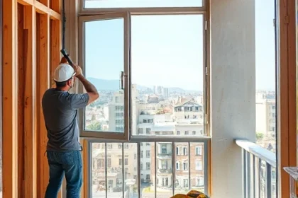 A balcony under renovation, featuring a construction worker installing new window frames. The scene shows a partially finished balcony with exposed wooden planks, a metal window frame being fitted into a window opening, and tools such as a hammer, measuring tape, and a level on a nearby workbench. The background includes a cityscape with buildings and a clear sky. The focus is on the craftsmanship and the new window structure, with a clean, realistic style.