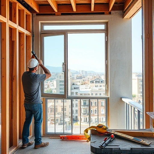 A balcony under renovation, featuring a construction worker installing new window frames. The scene shows a partially finished balcony with exposed wooden planks, a metal window frame being fitted into a window opening, and tools such as a hammer, measuring tape, and a level on a nearby workbench. The background includes a cityscape with buildings and a clear sky. The focus is on the craftsmanship and the new window structure, with a clean, realistic style.