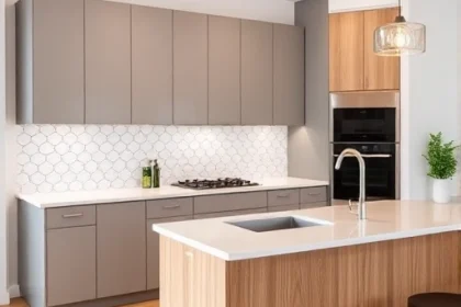 A modern kitchen renovation scene showing a freshly renovated kitchen with sleek cabinetry, a minimalist island, a backsplash with geometric tiles, a stainless steel sink, and a subtle lighting fixture. The space should reflect thoughtful design, with clean lines, natural wood accents, and a touch of greenery. No people or text should be present.