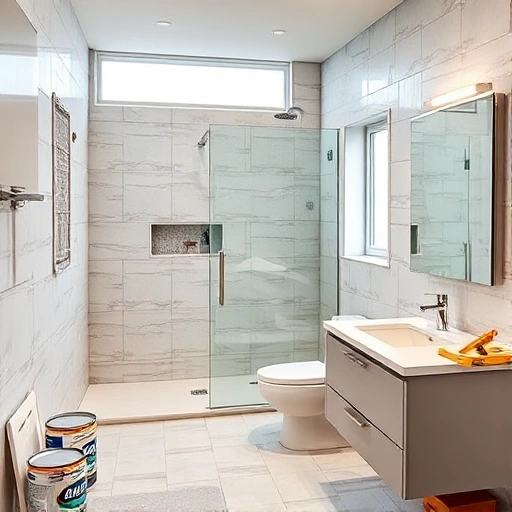 A modern bathroom undergoing a full renovation, with partially installed tiles, a new shower enclosure, a sleek vanity with a sink, a toilet, a floor-to-ceiling window, and construction materials like paint cans, a tile cutter, and a toolbox visible in the background. The scene shows a clean, organized workspace with a focus on the transformation process, highlighting the contrast between the old and new elements.