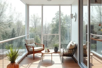 A cozy balcony interior with glass panels used for finishing, showing clear glass walls, wooden flooring, comfortable seating, and natural light streaming in, smallHQ