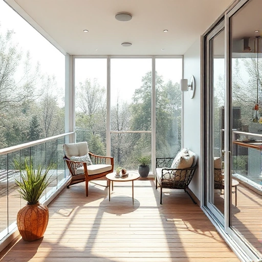 A cozy balcony interior with glass panels used for finishing, showing clear glass walls, wooden flooring, comfortable seating, and natural light streaming in, smallHQ