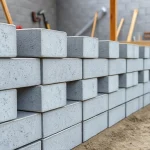 A row of gray concrete blocks stacked neatly to form a fence, with a construction site background showing tools and a wooden post, realistic texture and lighting, smallHQ style