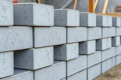 A row of gray concrete blocks stacked neatly to form a fence, with a construction site background showing tools and a wooden post, realistic texture and lighting, smallHQ style