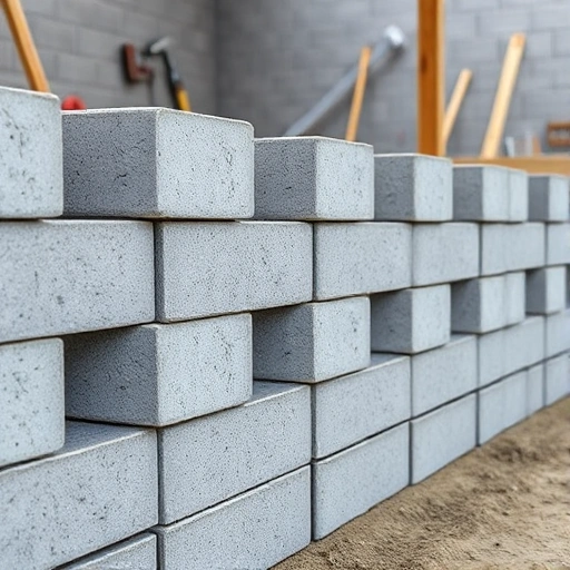 A row of gray concrete blocks stacked neatly to form a fence, with a construction site background showing tools and a wooden post, realistic texture and lighting, smallHQ style