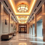 A modern hall interior with decorative lighting, featuring elegant ceiling fixtures, warm ambient glow, polished marble floor, minimalist furniture, and subtle architectural details highlighting the lighting design