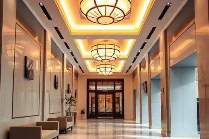 A modern hall interior with decorative lighting, featuring elegant ceiling fixtures, warm ambient glow, polished marble floor, minimalist furniture, and subtle architectural details highlighting the lighting design