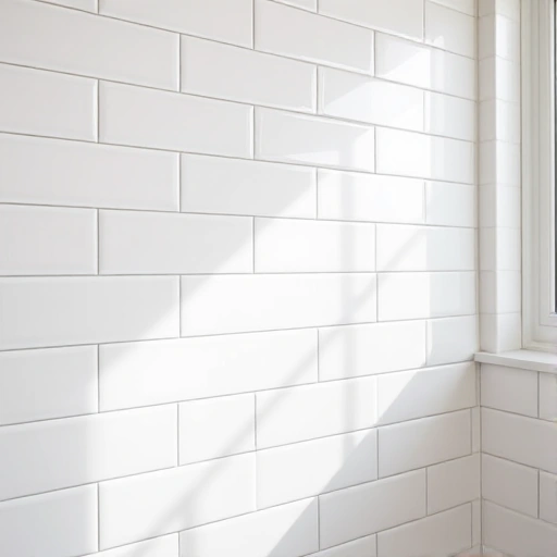 A close-up view of a modern bathroom wall covered in elegant white ceramic tiles with subtle gray grout, arranged in a uniform grid pattern. Soft natural light from a nearby window highlights the clean, minimalist aesthetic, creating a serene and inviting atmosphere.