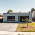 A modern single-story house made of autoclaved aerated concrete (gas concrete) with a flat roof, large windows, and a small garden in front, located in a quiet suburban neighborhood under clear daylight, showing clean lines, light gray exterior walls, and a paved driveway leading to the entrance