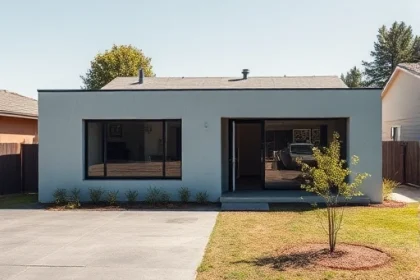 A modern single-story house made of autoclaved aerated concrete (gas concrete) with a flat roof, large windows, and a small garden in front, located in a quiet suburban neighborhood under clear daylight, showing clean lines, light gray exterior walls, and a paved driveway leading to the entrance